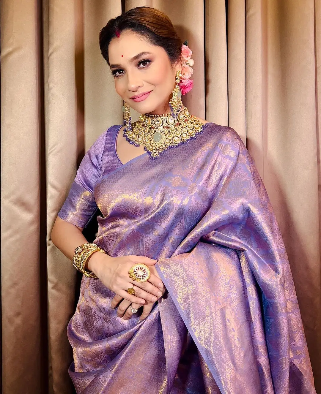 ankita lokhande in south indian traditional violet saree blouse